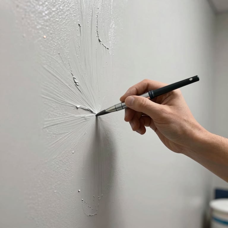 Detailed shot of an artisan's hand applying a perfect finish to a wall, showing the texture and quality of the premium paint used.