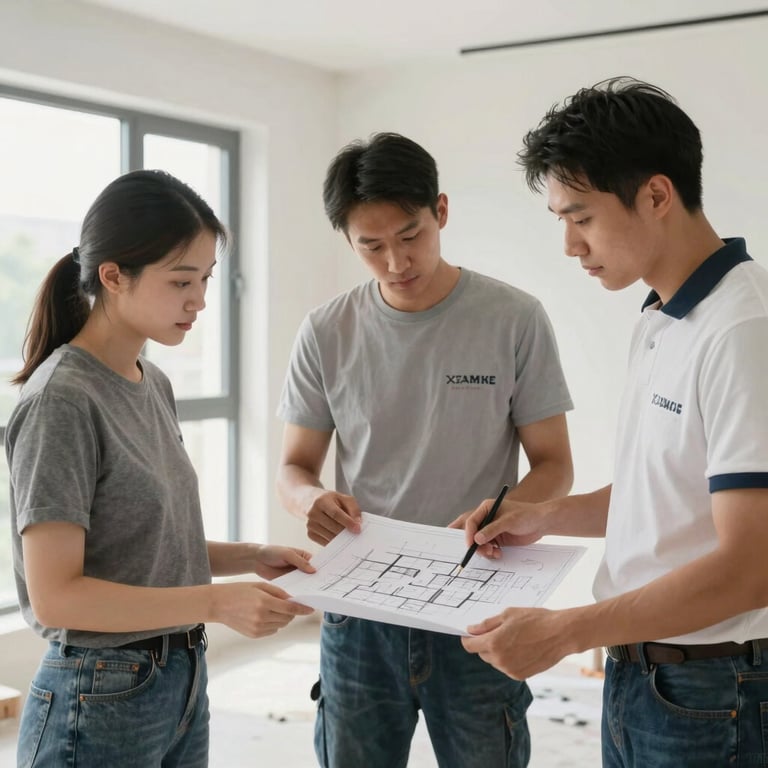 A professional renovation team in action, wearing clean branded gear, reviewing architectural plans in a bright, high-end apartment.