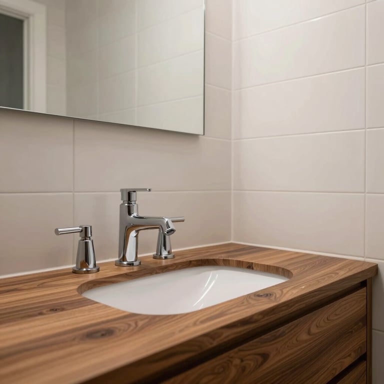 A modern bathroom renovation with sleek off-white tiles, a deep brown wood vanity, and elegant chrome fixtures.