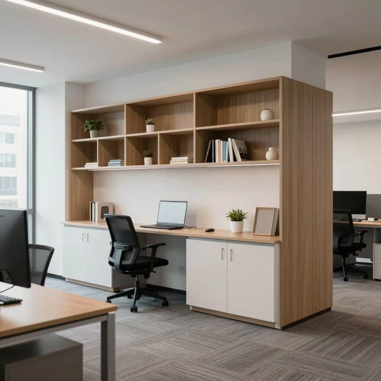 An optimized open-space office area after renovation, featuring clean lines, smart storage solutions, and a professional, modern look.