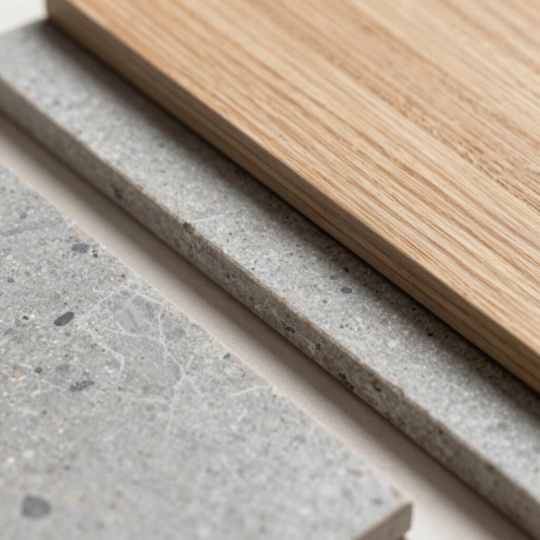 Macro shot of premium renovation materials: a sample of polished stone, a piece of light oak wood, and a mineral grey tile.