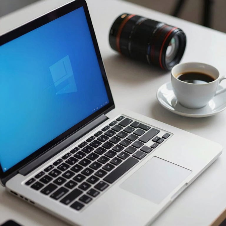 A close-up of a high-tech workspace featuring a laptop with a bright blue screen and a cup of coffee on a white desk.