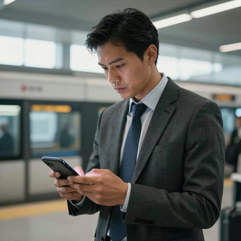 A dynamic shot of a business leader in a North American transit hub, quickly scrolling through a learning module on a mobile device.