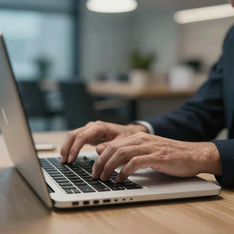 A close-up of professional hands typing on a premium aluminum laptop in a high-tech lounge with soft steel blue lighting.