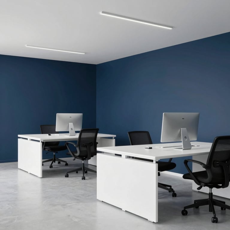 Minimalist modern office interior with navy blue walls and bright white furniture, creating a professional tech-forward mood.