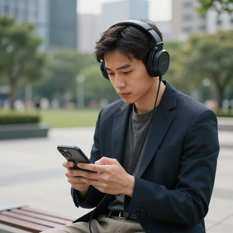 A focused professional wearing noise-canceling headphones in a modern urban park in the United States, studying on a sleek phone.