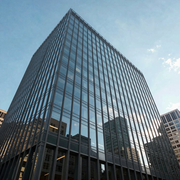 Low angle shot of a contemporary glass office building reflecting a bright blue sky in a North American financial district.