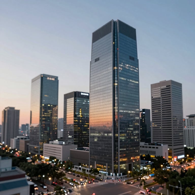 An architectural view of a corporate business district at dusk, signifying authoritative global reach.