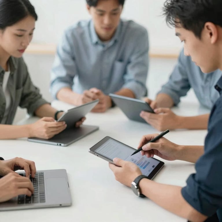 A creative team brainstorming around a table with tablets and digital tools, capturing a results-driven energy.