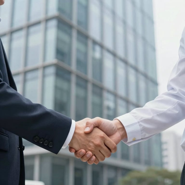 Two professionals in a modern glass office shaking hands, representing trust and consulting expertise.