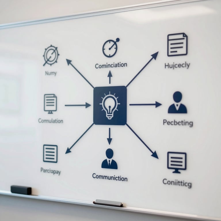 A strategic mind-map on a whiteboard with professional icons, emphasizing modern communication planning.