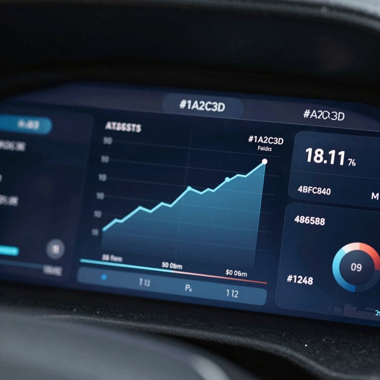 A close-up of a digital dashboard showing positive growth metrics and data analytics in #1A2C3D and #4B6584 tones.
