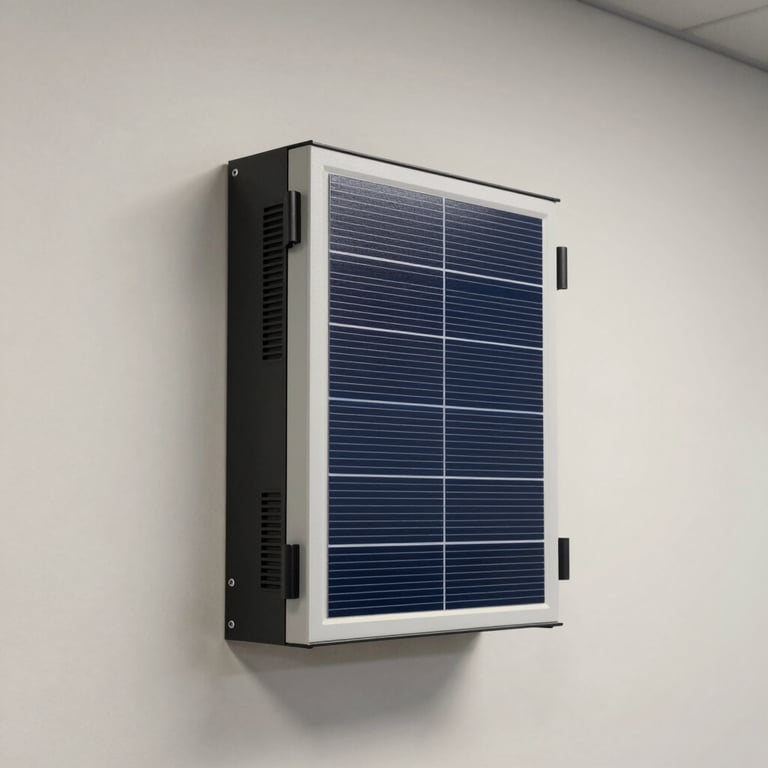 A modern solar inverter unit mounted on a clean, soft off-white wall in a professional utility room.