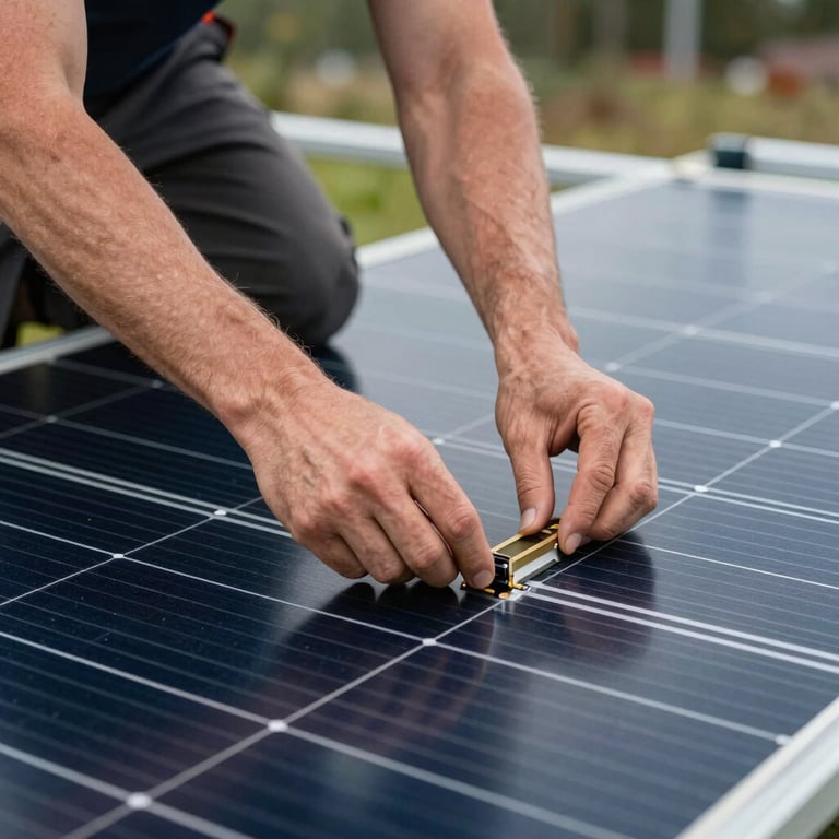 A technician's hands carefully adjusting a solar module installation in a Northern European / Baltic setting.