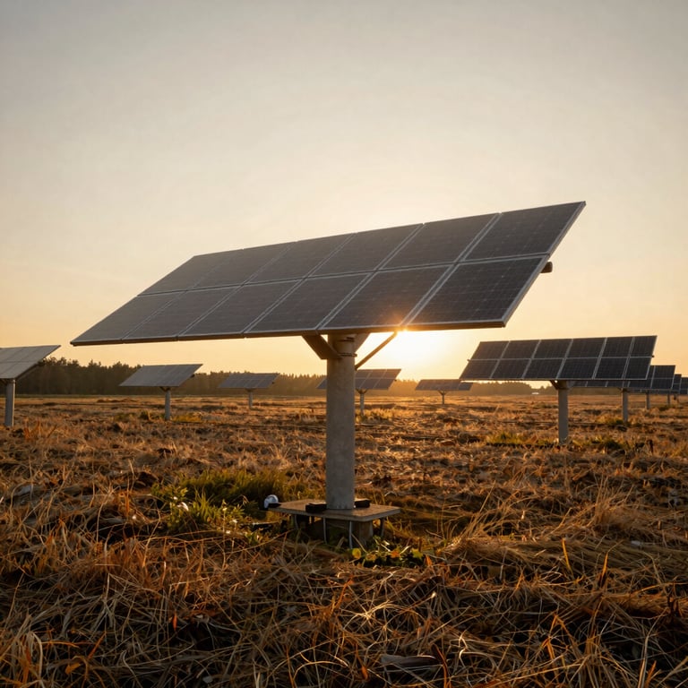A sunrise scene over a field of solar trackers in the Baltic region, warm golden ochre morning light.