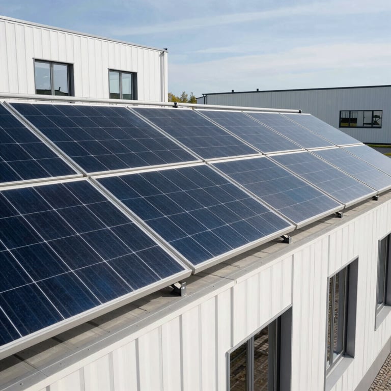 Modern solar panel array on a contemporary Northern European / Baltic commercial building, clean lines, bright daylight.
