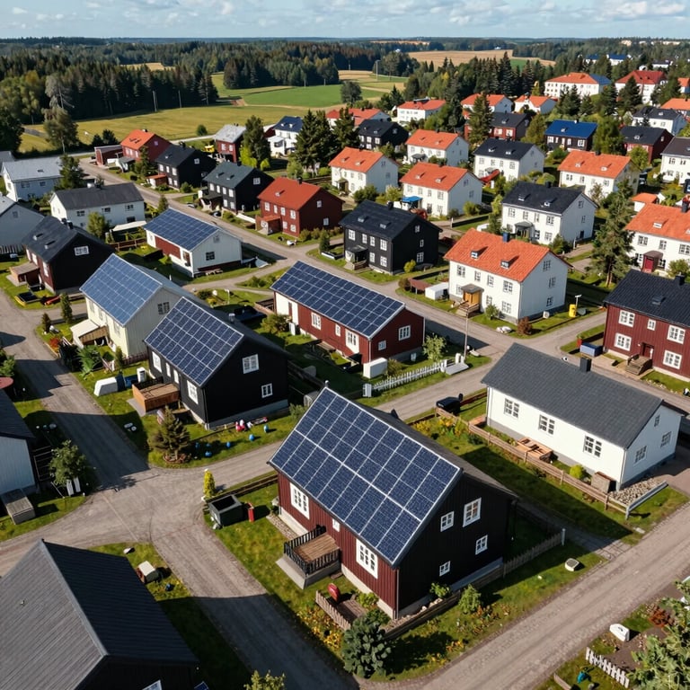 Aerial view of a sustainable Northern European / Baltic neighborhood with integrated solar energy systems.