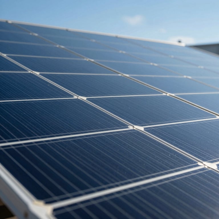 Close-up of high-efficiency photovoltaic cells reflecting a clear blue sky, professional photography.