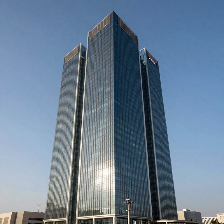 Sleek architectural shot of a modern office building in Ras Al Khaimah Freezone under a clear blue sky, Middle Eastern / Gulf setting.