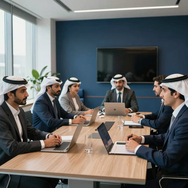 Professional group meeting in a light-filled corporate workspace with navy blue accents, Middle Eastern / Gulf business attire.