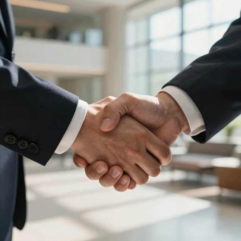 Close-up of a professional handshake in a sunlit, modern lobby, conveying a sense of partnership and trust.