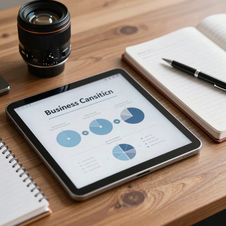 A tidy workspace featuring a tablet and notebook on a wooden desk, symbolizing strategic business consulting.
