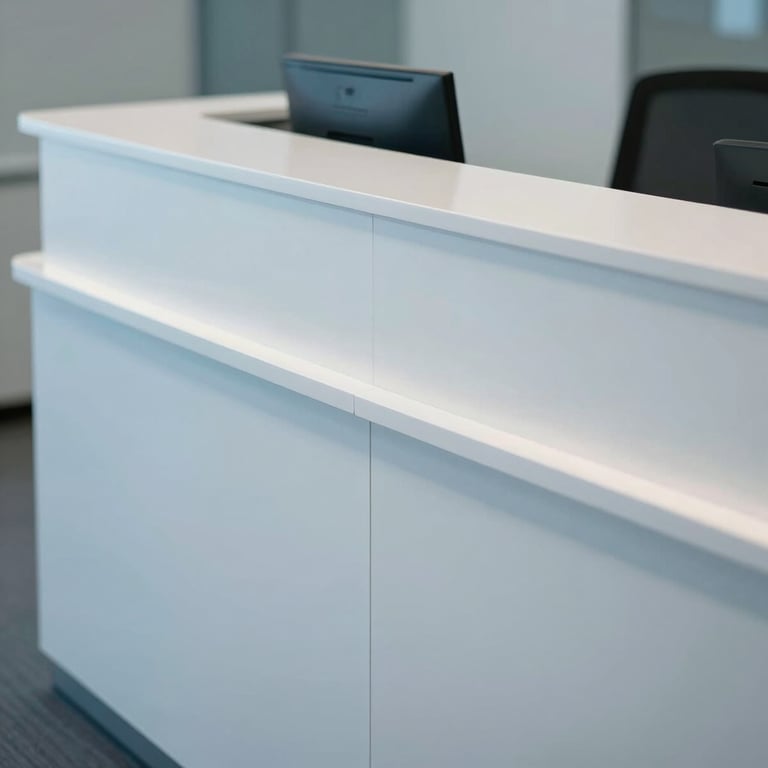 Detail of a clean, white corporate reception desk with high-end finishes and soft blue lighting.