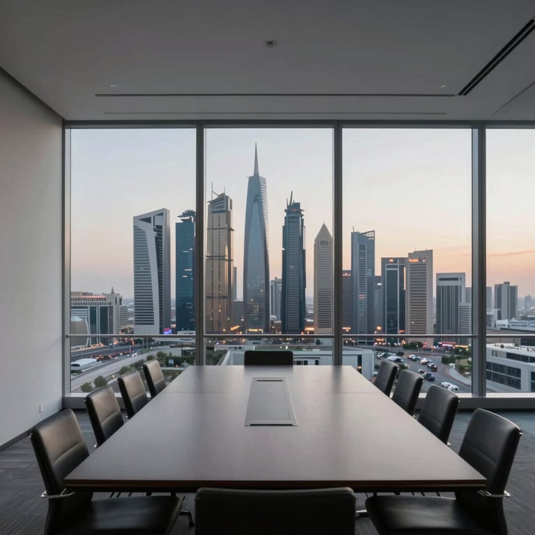 A minimalist meeting room with panoramic windows overlooking a modern UAE city skyline at dusk.