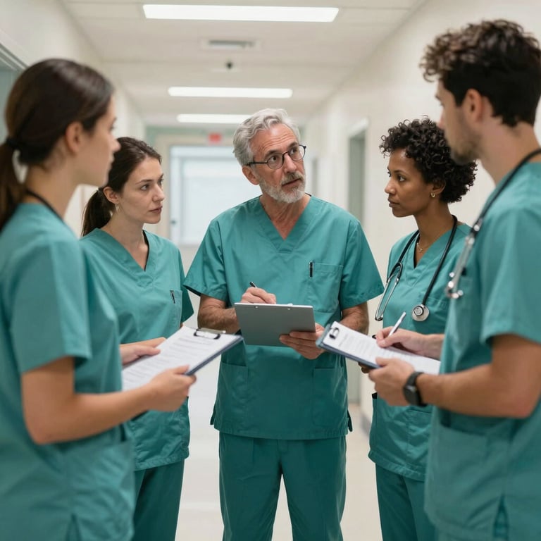 A group of diverse medical professionals in teal scrubs discussing a patient case in a bright, modern North American hospital corridor.