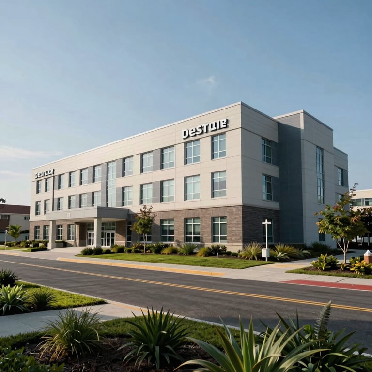 A view of a modern healthcare facility exterior in North America, surrounded by green landscaping under a clear, calm sky.