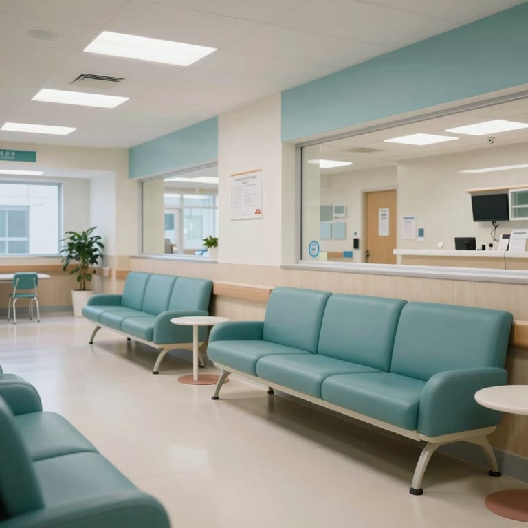 A peaceful and clean hospital lobby in North America with comfortable seating and soft teal and white decorative elements.