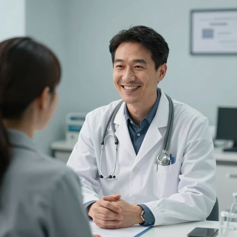 A primary care physician smiling while consulting with a patient in a light blue-grey exam room in a North American clinic.