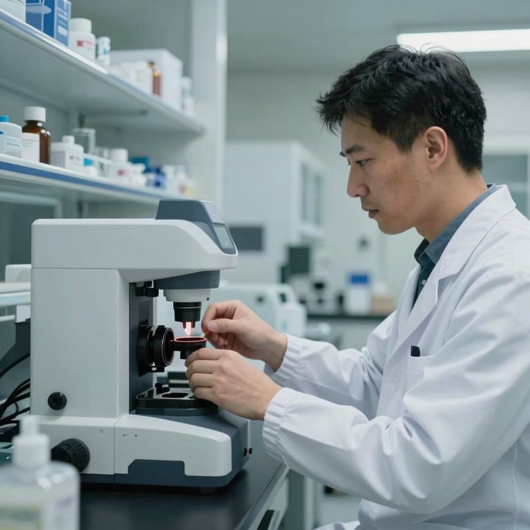 A laboratory technician in a white coat working with modern medical technology in a clean, professional North American facility.