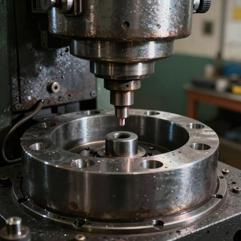 Tight overhead shot of a closed-die forging press mid-stroke, scale showing forged socket shape in the die cavity, heavy workshop lighting