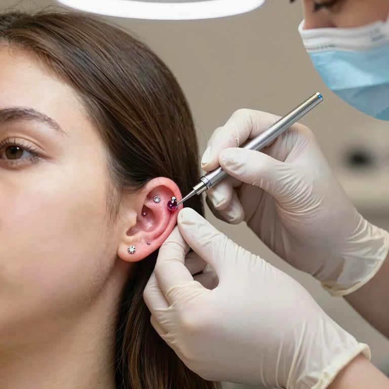 תקריב של פירסר עם כפפות מבצע פירסינג סחוס שטוח באוזן באמצעות מחט