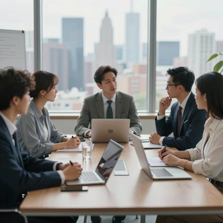A team of diverse professionals in a high-tech meeting room, engaged in a strategy session with a city skyline visible through the window.