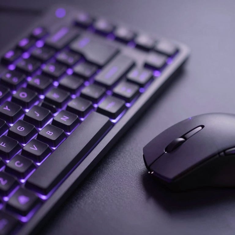 Detailed macro shot of a keyboard and a mouse on a desk with subtle purple LED backlighting, representing precision and craft.