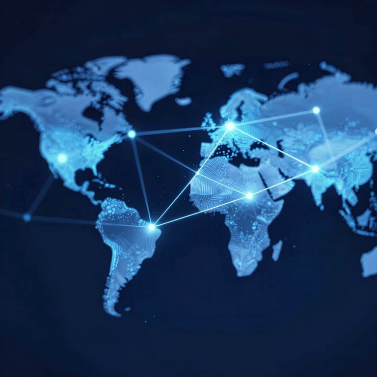 An abstract digital network visualization with glowing nodes and connecting lines in #725DF0, representing global connectivity.