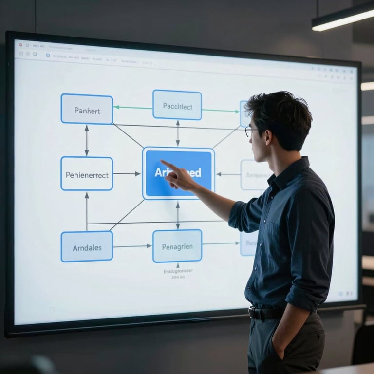 A professional software architect pointing at a complex system diagram on a digital whiteboard in a dark, tech-focused office.