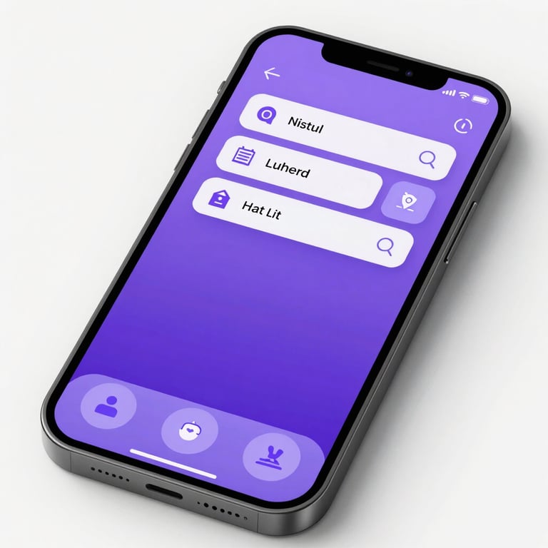 A close-up of a smartphone displaying a sleek, modern UI for a mobile application, featuring violet gradients and professional icons.
