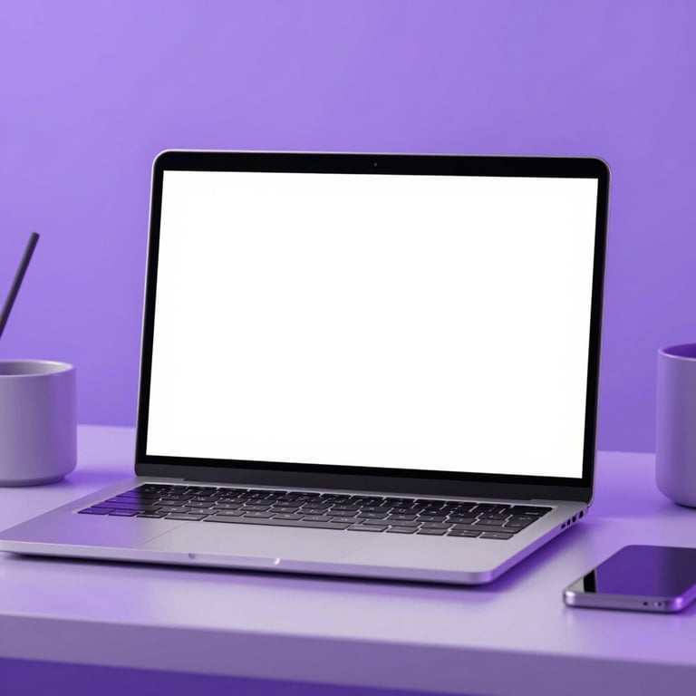 A clean, minimalist workspace with a high-end laptop, surrounded by soft purple ambient light and modern tech gadgets.