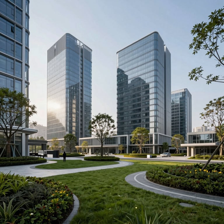 Modern office park with landscaped surroundings and sustainable design features, sharp focus, bright professional lighting.