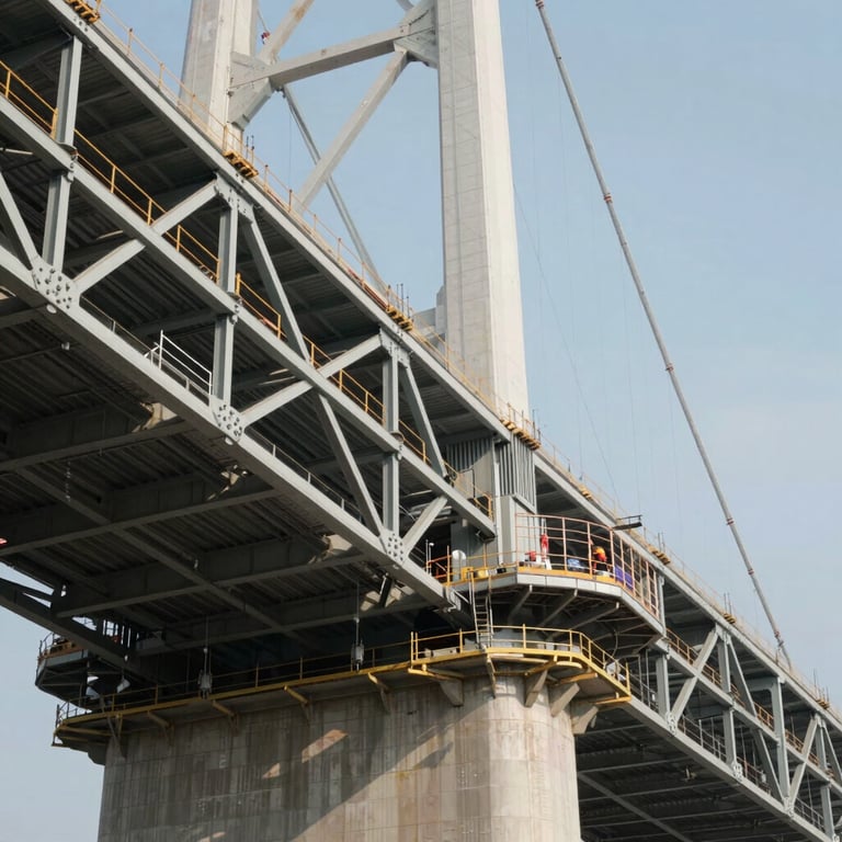 Close up of structural engineering details on a bridge project, highlighting strength and industrial precision, bright daylight.