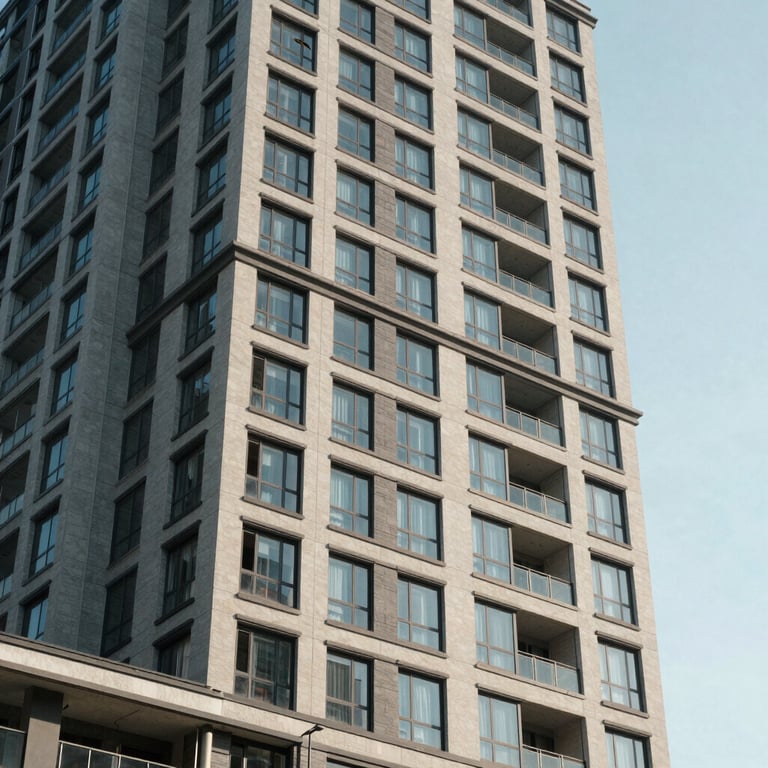 An exterior view of a completed high-rise apartment building in the US, clean lines and large windows, architectural photography.