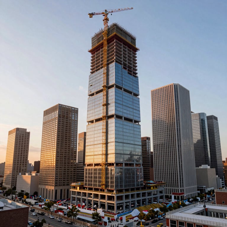 A large scale commercial development project in a bustling North American downtown area, modern steel and glass design, sunset lighting.