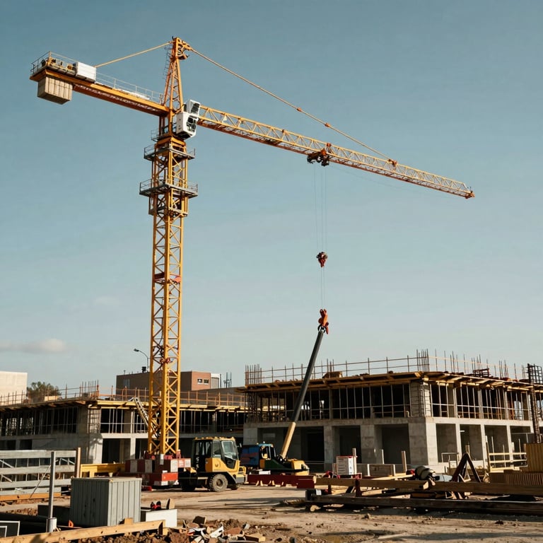 Construction site with large cranes and equipment working on a new infrastructure project, dynamic composition, North American setting.