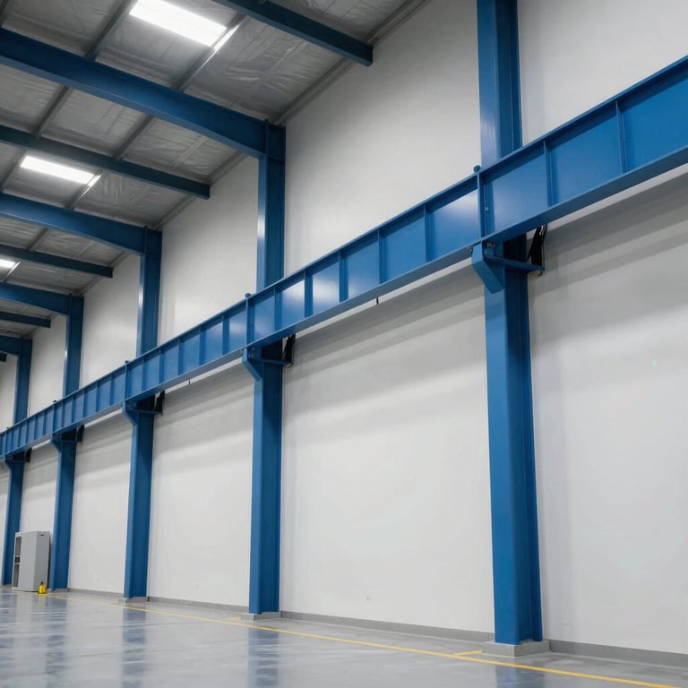 Interior view of a modern industrial facility with white walls and blue structural supports, clean and professional atmosphere.