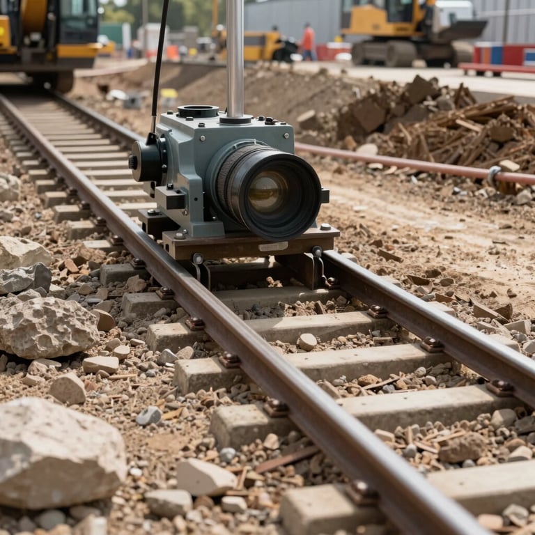 Close-up of industrial machinery tracks moving over rugged terrain on a land development site.