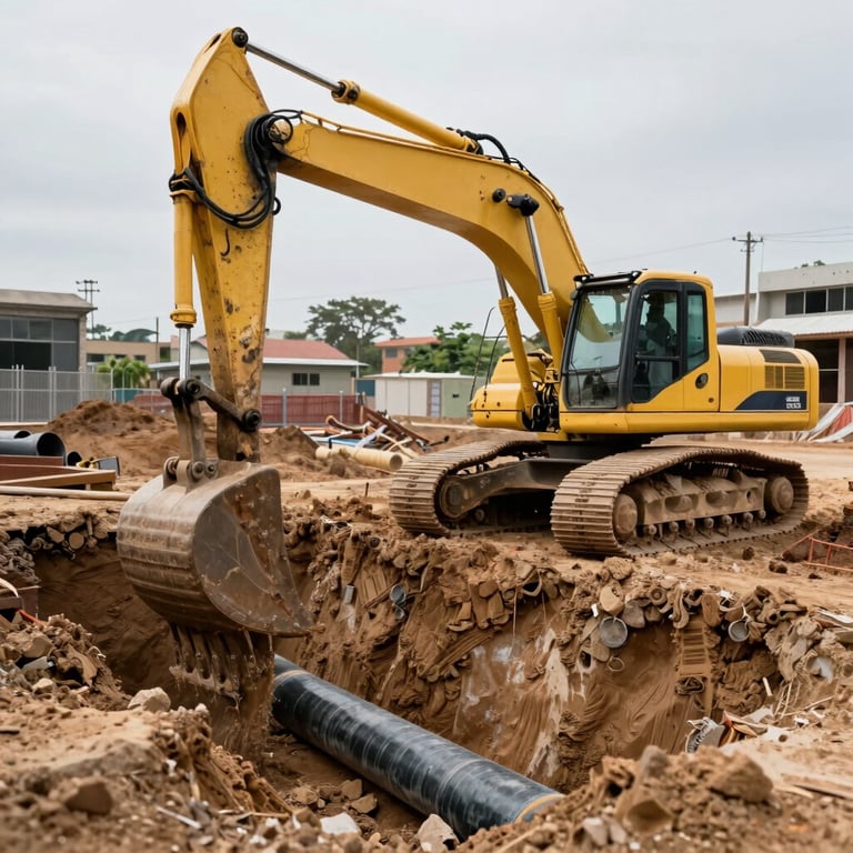 A large excavator digging a deep trench for sewer pipes at a Zimbabwean urban construction site.