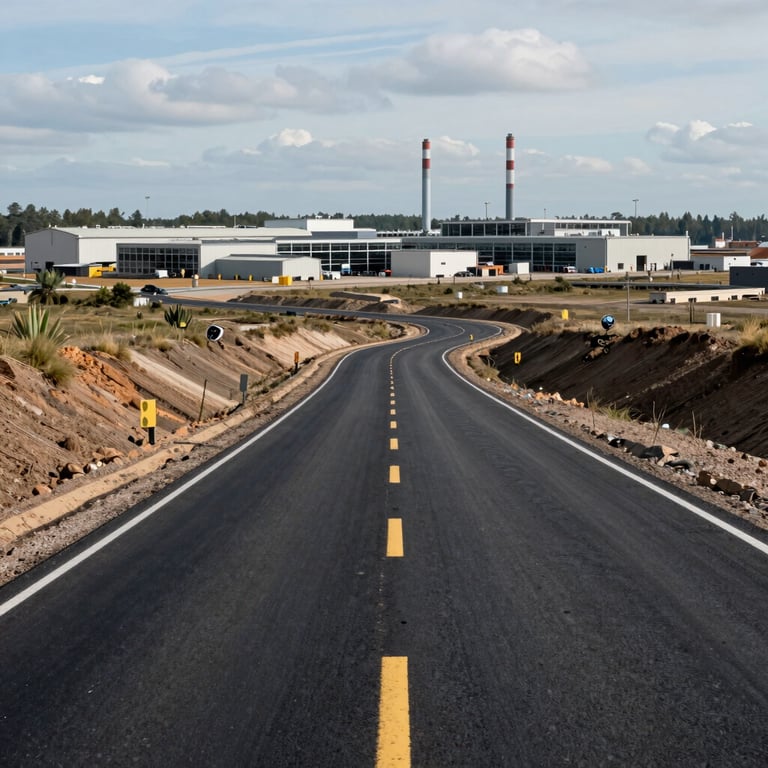A recently completed tar road winding through a professional industrial park development.